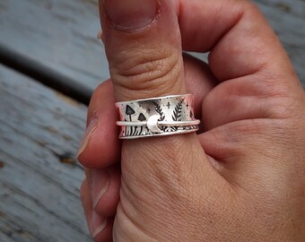 Mushroom Fern Spinner Ring | Sterling Silver Crescent Moon Band | Woodland Witch Jewelry