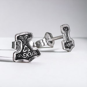 Minimalist Sterling Silver Mjölnir Stud Earrings - Tiny Thor&#39;s Hammer - Norse Pagan Jewelry - Unique Gift for Viking and Heathen Enthusiasts