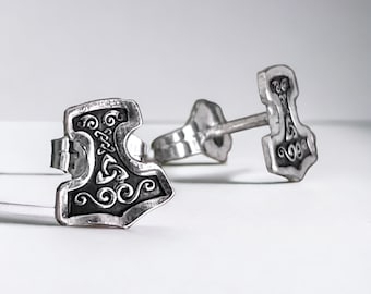 Sterling Silver Mjolnir Stud Earrings – Norse Viking Jewelry