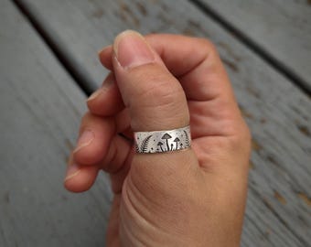 Mushroom Fern Ring | Sterling Silver Woodland Band | Cottagecore Nature Ring