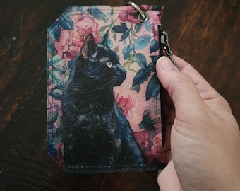 Black Cat Pocket Pal Wallet | Floral Card Holder for Cat Lovers