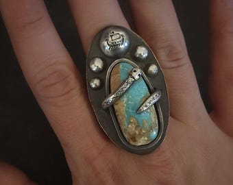 Jormungandr Ring | Sterling Silver Midgard Serpent Ring with Blue Ribbon Turquoise | US Size 10