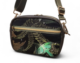 Luna Moth Crossbody Bag – Forest Canvas and Faux Leather Purse – Adjustable Strap – Witchy Shoulder Bag with Moth Zipper Pull