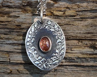 Sunstone Mushroom Pendant | Sterling Silver Fairy Ring Necklace | Woodland Talisman