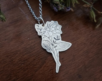 Water Lily Botanical Necklace | Sterling Silver Engraved Flower Pendant | Cottage Witch Apothecary Jewelry