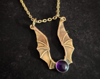 Mini Brass Dragon Necklace with Amethyst – Golden Fantasy Talisman Pendant
