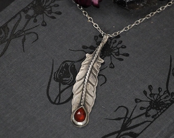 Guardian Feather Necklace | Sterling Silver Garnet Rune Pendant