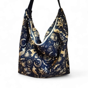 Celestial Witchy Umhängetasche Gold Sun Moon Stars Hobo Purse | Slouchy wasserdichte Canvas Tote-Halloween-Handtasche - auf Bestellung