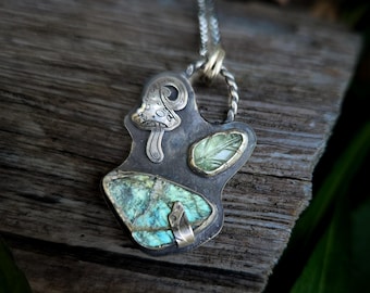 Woodland Relic Necklace | Labradorite, Kyanite Leaf & Mushroom Talisman