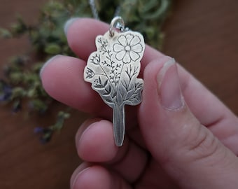 Cosmos Botanical Necklace | Sterling Silver Engraved Flower Pendant | Cottage Witch Apothecary Jewelry