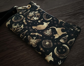 Witchy Halloween Wristlet | Gothic Zipper Pouch | Raven Moon Bag