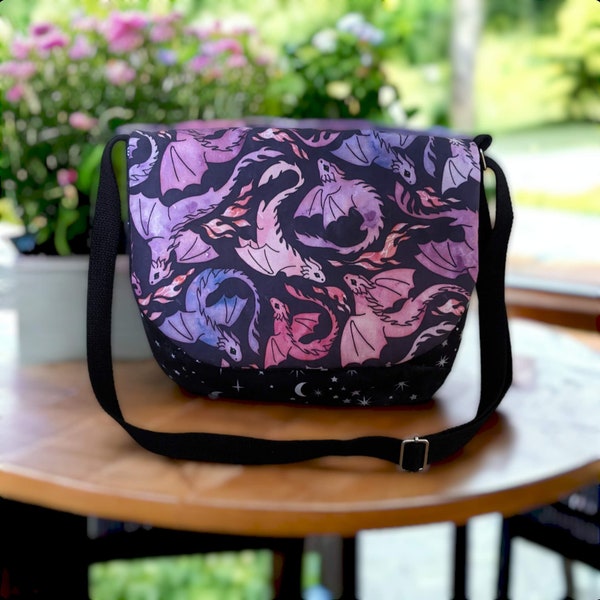 Flying Dragons Adjustable Crossbody Messenger Bag - Fantasy LARP Pink Purple Pattern - 100% Cotton - Dragoncore - Made to Order