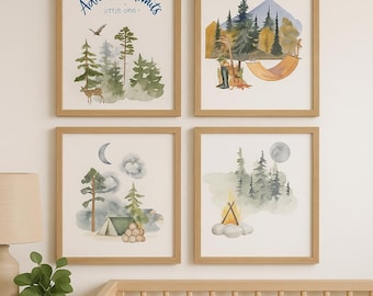 Set of 4 - Adventure Awaits, outdoors, camping, artwork