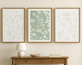 Set of 3 - Green Wildflower, Wallpaper-like, multi-pattern prints