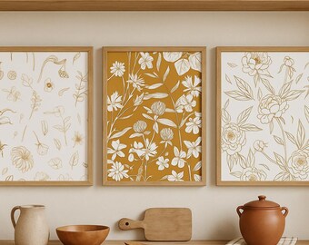 Set of 3 - Tan Wildflower, Wallpaper-like, multi-pattern prints