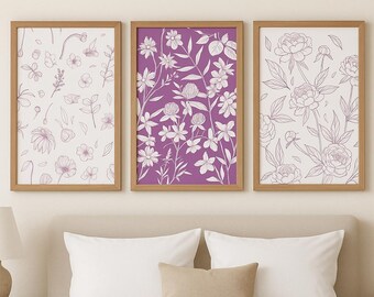 Set of 3 - Purple Wildflower, Wallpaper-like, multi-pattern prints