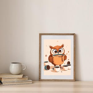 Cute Owl Coffee Wall Art, Funny Animal Printable, Coffee Lover Kitchen Decor, Cartoon Owl with Mug, Digital Download Illustration