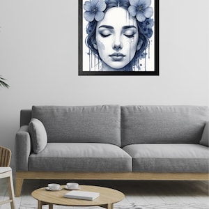 Blue Watercolor Woman Portrait, Minimalist Indigo Art Print, Digital Download