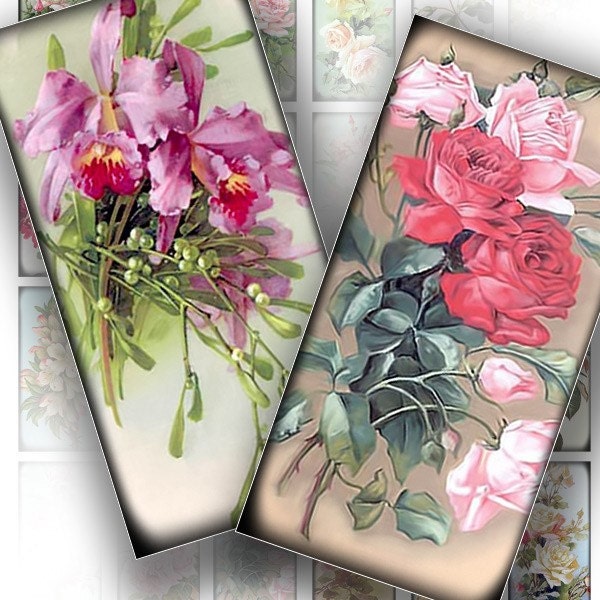 Domino digital collage sheet Vintage flowers images 1x2 inch collage jewelry making paper supplies download art (092) BUY 3 GET 1 FREE