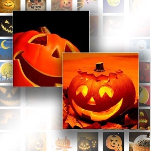 May include: Two carved pumpkins with smiling faces. The pumpkin on the left is orange and has a black background. The pumpkin on the right is orange and is sitting on a bed of autumn leaves.