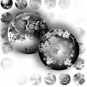 May include: Black and white floral design on a set of round ornaments. The ornaments have a shiny, metallic finish.