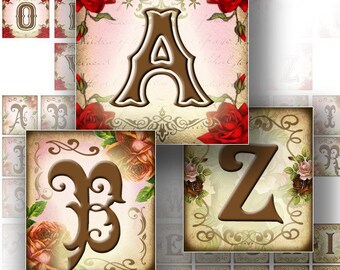 May include: A set of alphabet tiles with brown letters on a cream background. Each tile features a different letter of the alphabet, surrounded by a decorative floral design with red, pink, and yellow roses. The letters are in a vintage style font.