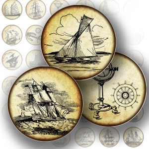 Digitalt collageark med cirkelform, 2,5 cm, nautisk vintagebåt, segel, utskrivbar, flaskkapsyl, glaskakel, smyckestillverkning (140) KÖP 3 FÅ 1 GRATIS