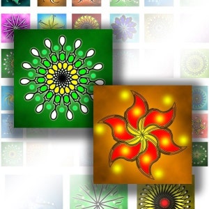 Op de afbeelding: Twee kleurrijke mandala-ontwerpen. De eerste is een groene en gele mandala met witte en zwarte accenten. De tweede is een rode en gele mandala met oranje accenten op een bruine achtergrond.