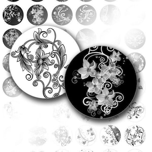 May include: Black and white floral design on a round sticker. The design features intricate swirls and flowers.