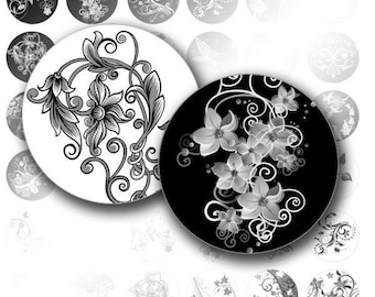 Puede incluir: Pegatina redonda con un diseño floral en blanco y negro. El diseño presenta intrincados remolinos y flores.