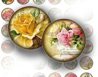 May include: Set of 16 vintage-style round scrapbook paper embellishments featuring floral designs with roses, yellow roses, and a bouquet of pink roses. The paper has a distressed, aged look with a vintage postcard background.