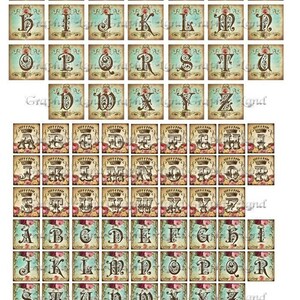 May include: A set of 26 alphabet letter tiles with a vintage, floral design. Each tile features a different letter of the alphabet in a brown font with a decorative flourish. The tiles are set against a light blue background with a floral pattern and a brown border.