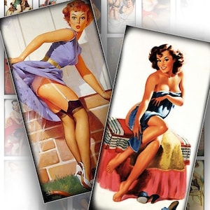 May include: Two vintage pin-up art prints. One features a woman in a purple dress, leaning against a brick wall. The other shows a woman wrapped in a blue towel, seated on a bed. Both prints have a retro aesthetic.