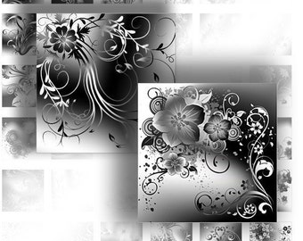 1 inch art digital collage downloads for scrabble tiles images jewelry making paper supplies black white floral swirl (072)BUY 3 GET 1 FREE