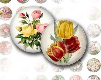 May include: A collection of round floral images featuring roses, tulips, and other flowers in various colors. The images have a vintage aesthetic, with soft colors and detailed botanical illustrations. The overall theme is a romantic, floral design.