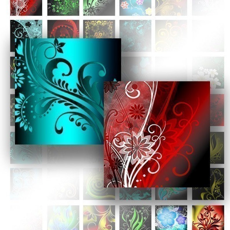 Colorful floral swirls digital collage sheet for scrabble tile 1 inch squares jewelry making paper supplies download 044 BUY 3 GET 1 FREE image 1