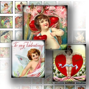 May include: A collage of vintage Valentine's Day images featuring cherubs, hearts, and flowers. The images are in a variety of styles, some with a more whimsical feel and others with a more romantic feel. The images are all in a vintage style, with faded colors and a slightly distressed look.
