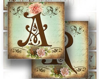 Digital collage sheet Victorian alphabet letters monogram 1,5x1,5 squares. Printable ephemera vintage paper supply (165) BUY 3 GET 1 FREE