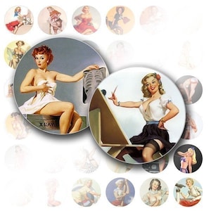 May include: A set of 16 vintage-style pin-up girl illustrations. The illustrations feature women in various poses and settings, including a woman in a white dress sitting on a box labeled "X-Ray", a woman in a white shirt and blue skirt sitting on a stool, and a woman in a red dress standing in front of a window.