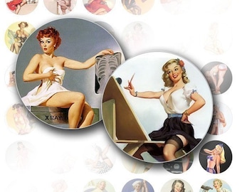 Puede incluir: Un conjunto de 16 ilustraciones de chicas pin-up de estilo vintage. Las ilustraciones presentan mujeres en varias poses y escenarios, incluyendo una mujer con un vestido blanco sentada en una caja etiquetada como "X-Ray", una mujer con una camisa blanca y una falda azul sentada en un taburete, y una mujer con un vestido rojo de pie frente a una ventana.