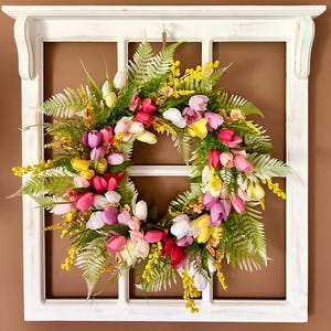Spring Cottage wreath for front door with assorted tulips, yellow berry clusters, ferns, and soft greenery, 18″