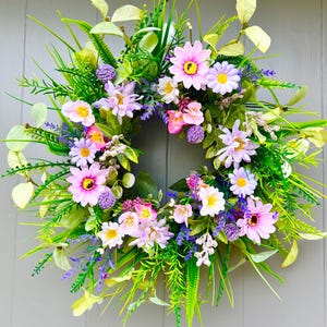 Forest Wildflower Wreath for Front Door | 17-Inch Spring / Summer Wreath with Daisies, Berries & Mosses | Birthday or Housewarming Gift