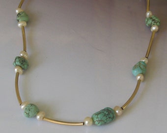 Natural Green  Turquoise, Pearl and 14k gold filled link Necklace