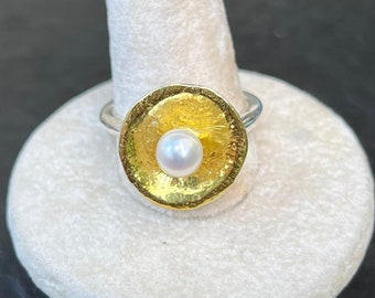 Fine Silver and 22k Gold Ring With a Cultured Pearl Gem