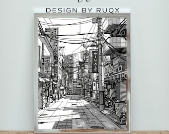 Impresión de arte callejero japonés: Paisaje urbano de anime en blanco y negro