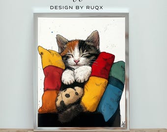 Sleeping Cat Printable Wall Art – Cozy Colorful Cat Digital Download