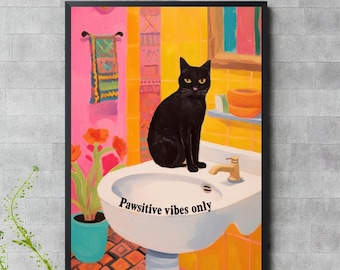 Lámina de gato negro para baño: Divertidas y atractivas ideas, decoración bohemia para gatos (descarga digital)