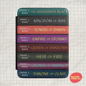 May include: A rectangular e-reader case featuring a graphic print of stacked book spines by Sarah J. Maas. Titles include The Assassin's Blade, Kingdom of Ash, Tower of Dawn, Empire of Storms, Queen of Shadows, Heir of Fire, Crown of Midnight, and Throne of Glass.