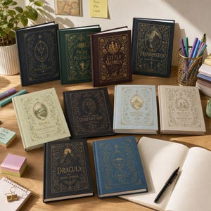 May include: A collection of ten hardcover classic books with ornate gold-embossed covers, including titles like Frankenstein, Dracula, and Little Women, arranged on a desk alongside a pen, a gold pencil holder, and colorful sticky notes.