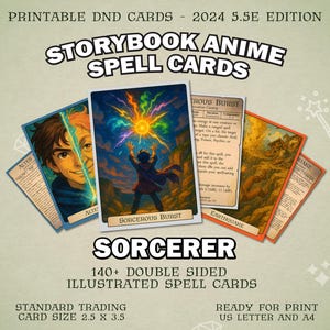 Sorcerer DnD Storybook Anime Spell Cards | D&D 2024 Illustrated Spell Cards | Dungeons and Dragons 5e and 5.5e Spellbook | Trading Card Size